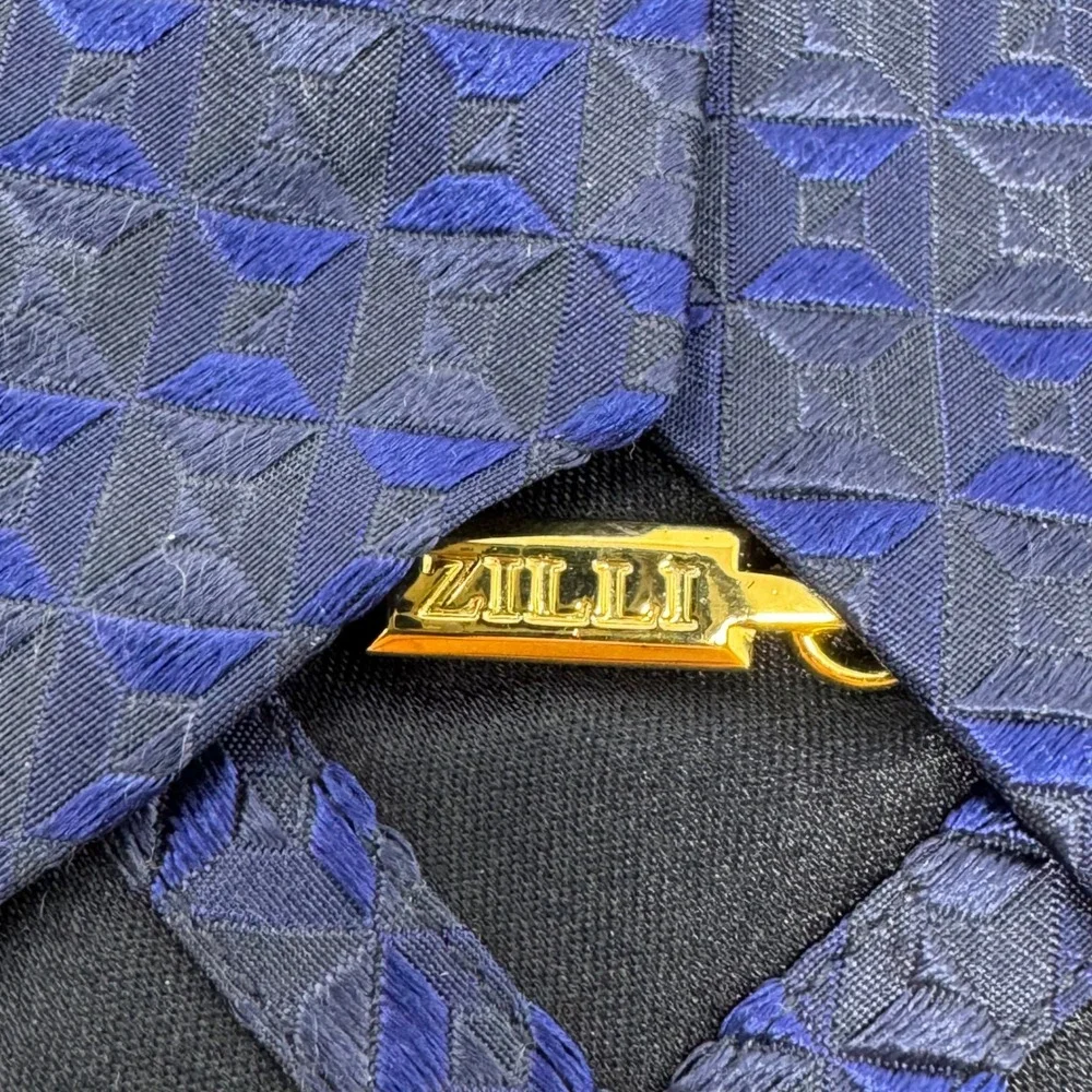 Zilli Mens Blue Silk Geometric Diamond Pattern Handmade Tie Made in Italy